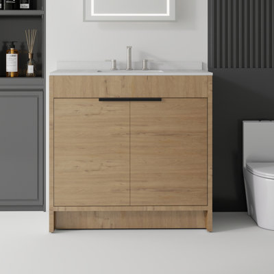 36" Bathroom Vanity with Ceramic Sink, Cultured Marble Countertop & Backsplash, Freestanding Plywood Cabinet, 2 Soft-Close Doors, Oak