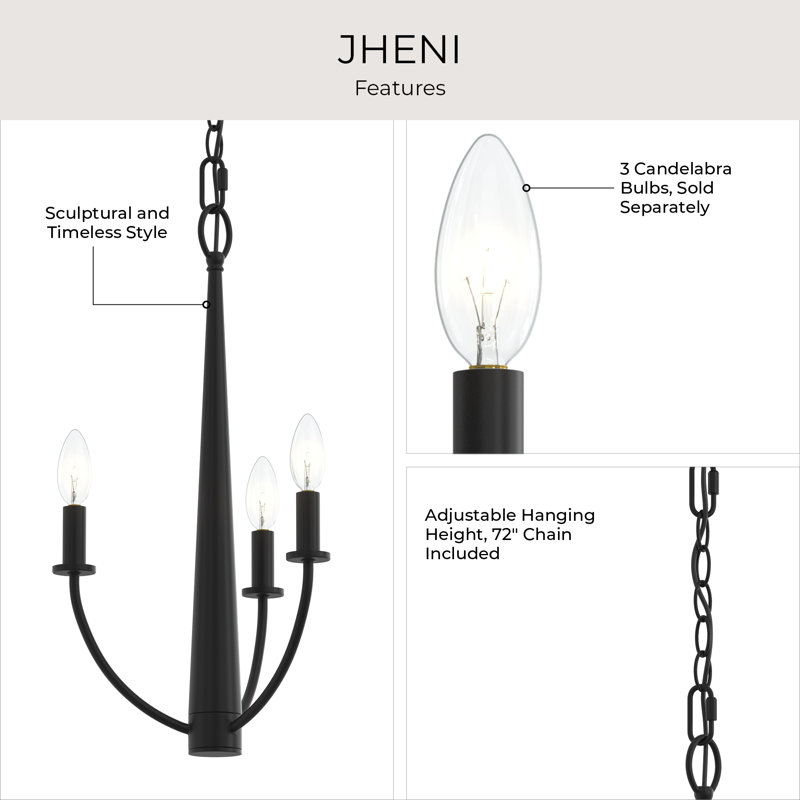 Jheni Three-Light Matte Black Chandelier, Matte Black, 12