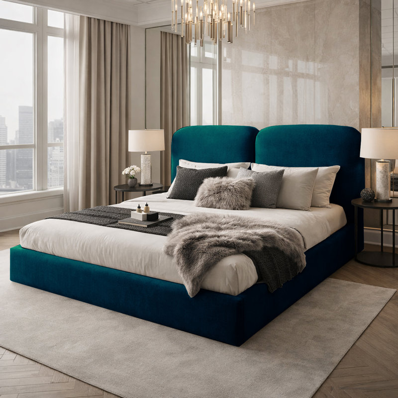Upholstered Velvet Bed, Double (4'6), Mallard