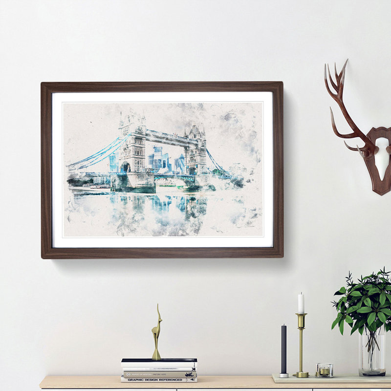 London Bridge Watercolour - Picture Frame Graphic Art Print, Walnut Framed, 24cm H x 33cm W x 2cm D