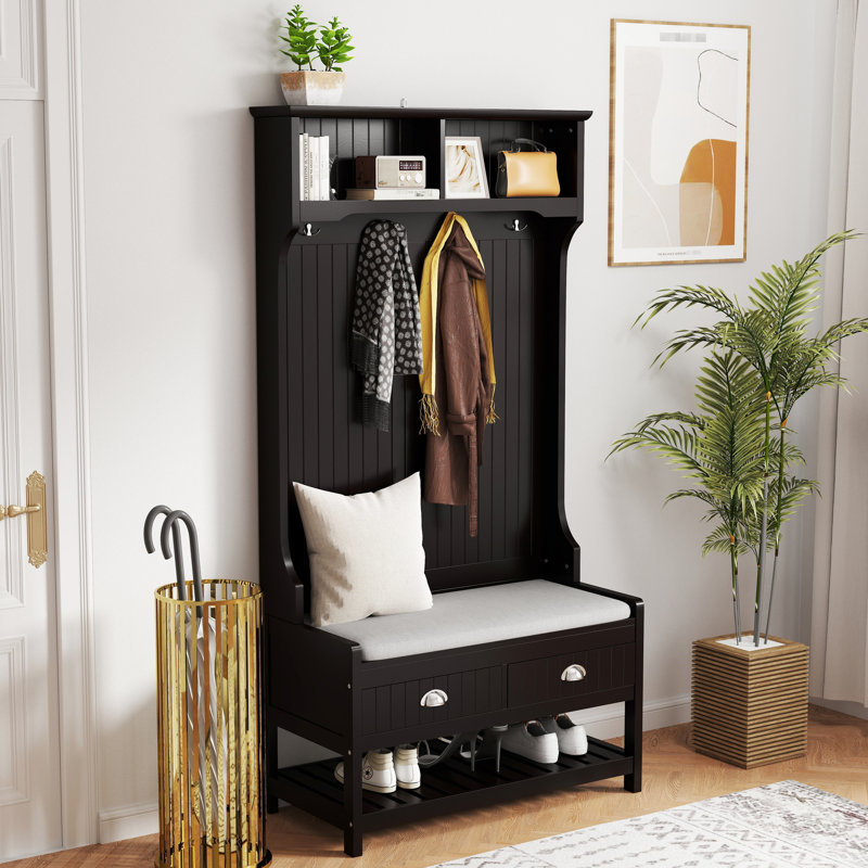 31 arbres de couloir avec 4 portemanteaux et 2 tiroirs de rangement, banc de rangement en bois, coussin de siège rembourré, tablette supérieure pour
