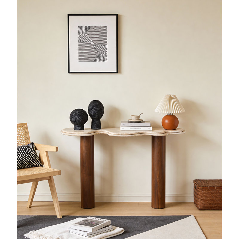 Console Travertine avec pieds en bois massif, H 33,5 po x l 47,2 po x P 15,7 po
