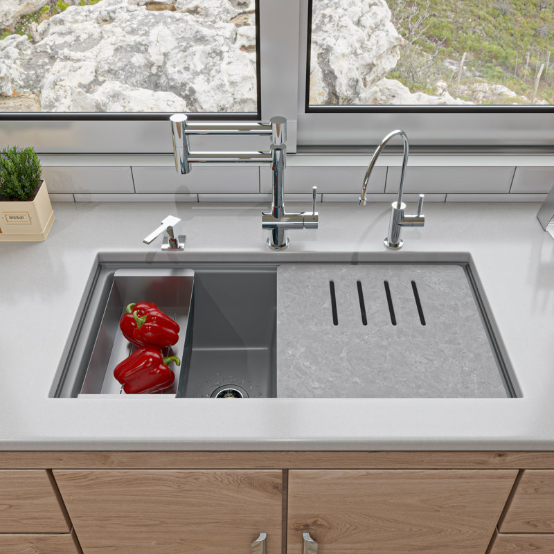 33.86'' L Double Bowl Granite Kitchen Sink, Titanium