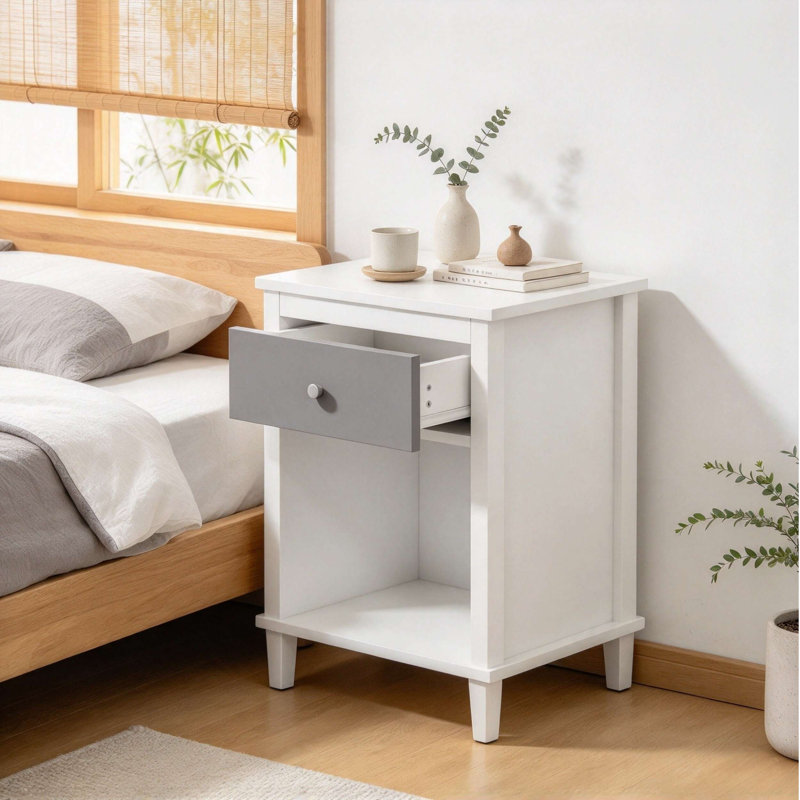 Table de chevet moderne avec tiroir et tablette de rangement ouverte 26,77 po H, Blanc Grayand, 1