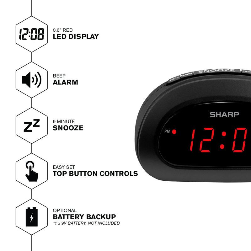 Compact Black Digital Alarm Clock with Red LED Display