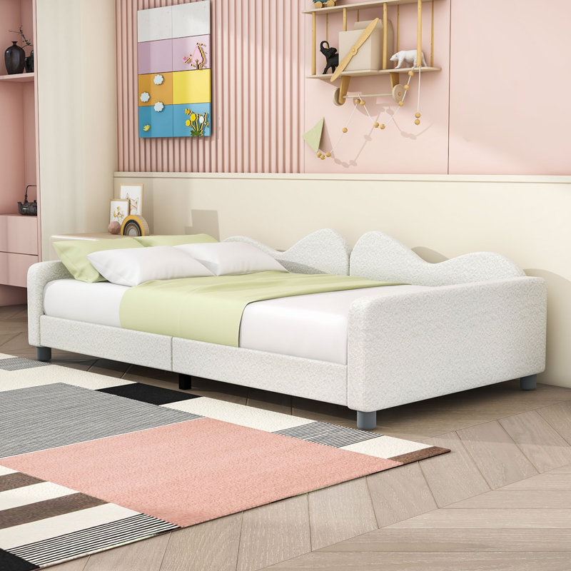 Wood Upholstered Daybed with Cloud-Shaped Backrest, White, Twin
