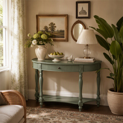 Solid Wood Half Moon Console Table with Drawer & Shelf
