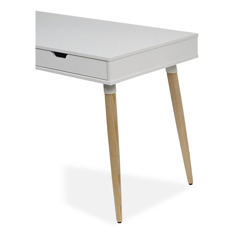 White and Beige Wood Scandinavian Writing Desk with Drawers