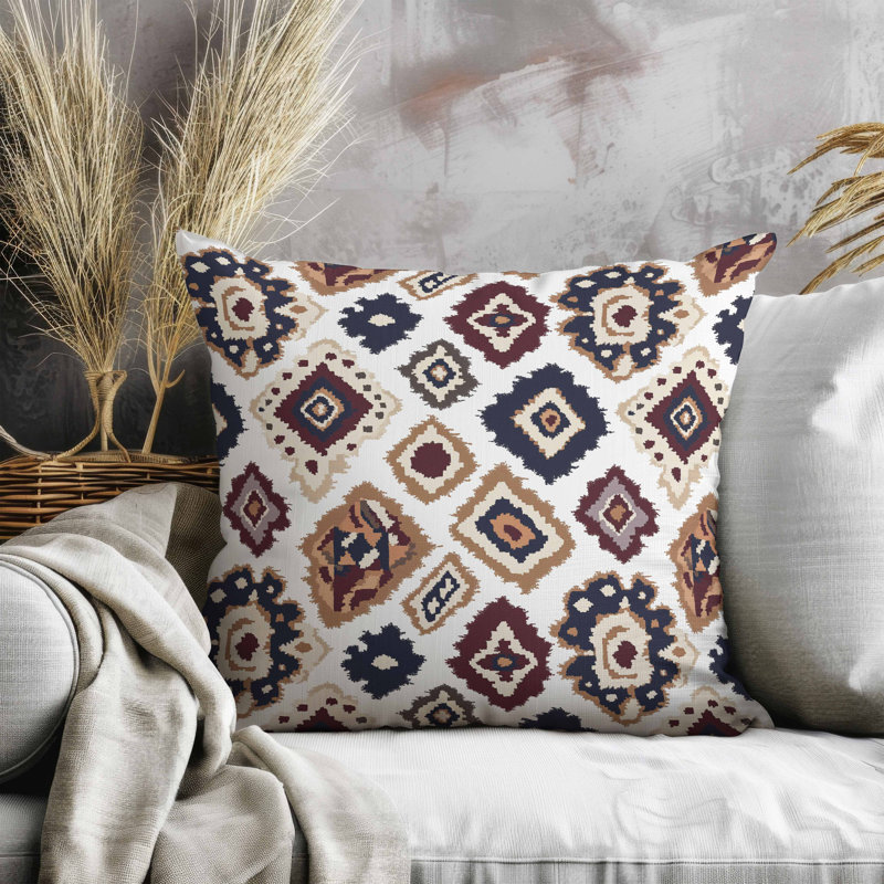 Oreiller imitation daim Ikat Diamond, Blanc / rouge / jaune, Carré 16 po