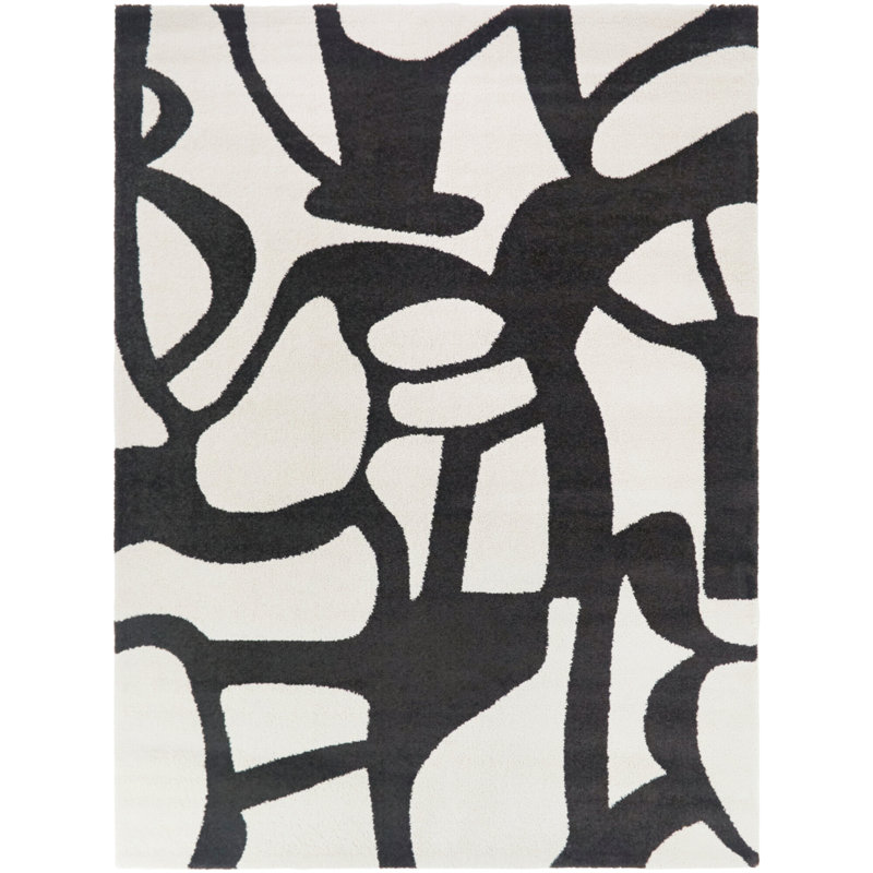 Montanes Cream/Black Abstract Contemporary Area Rug, 5'3" x 7'