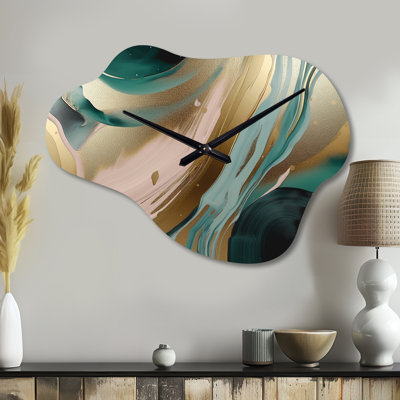 Or et vert marbré Euphoria V - horloge en métal nuage nuage, horloge murale asymétrique moderne