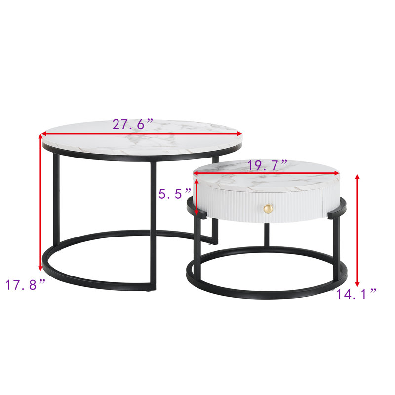 Round Nesting Coffee Table Set Of 2, Modern Side End Tables With Marble Pattern And Metal Frame, Modern Coffee Table With Hidden Compartment For Living Room, Apartment, Office
