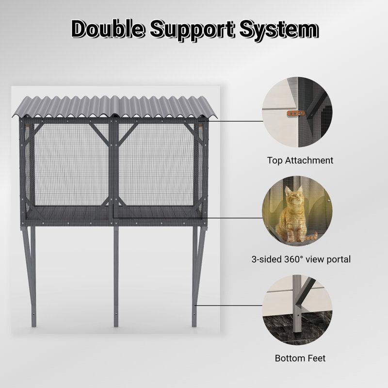 43.3" Solid Spruce Catio with Weatherproof Roof & 360° View, Window-Mounted for Indoor Cats, Grey