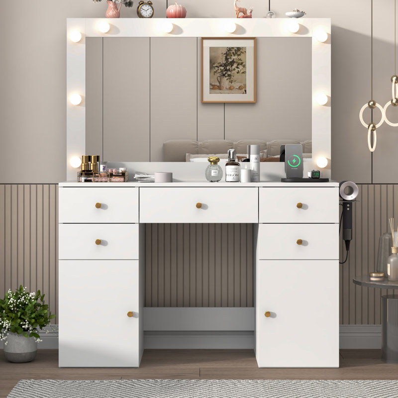 Makeup Vanity Table with Lighted Mirror, Tempered-glass Top, and Quick Charging Socket, White
