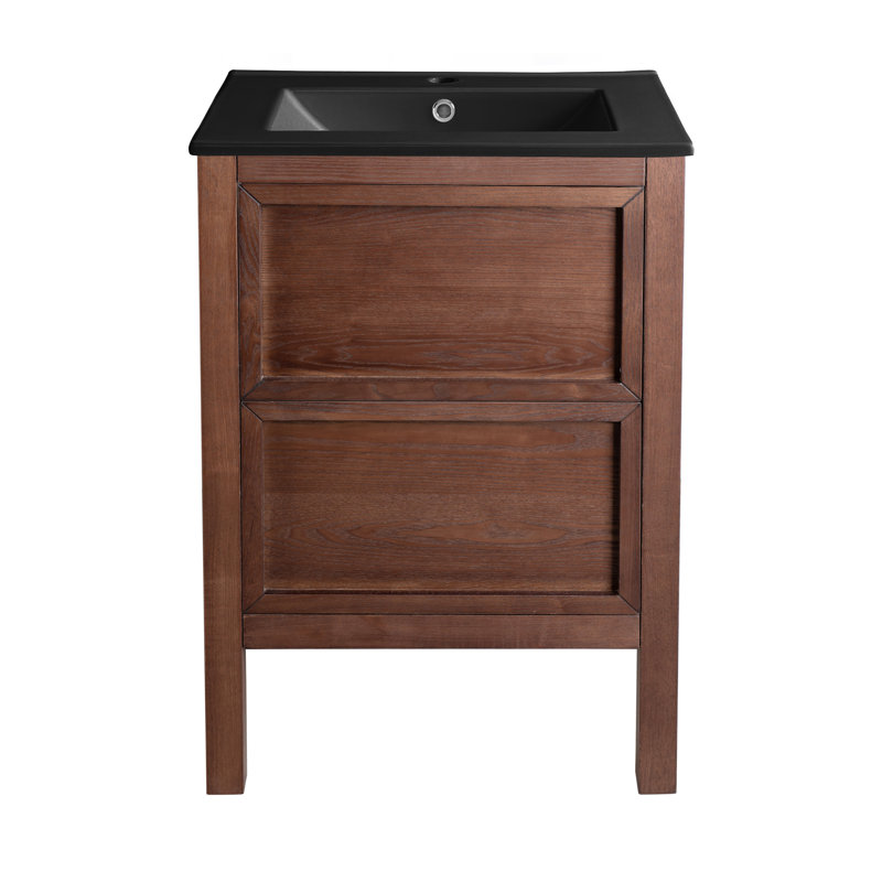 Meuble-lavabo en noyer brun 24 po Nadar avec comptoir en céramique noir Nadar, Trou unique, Noir