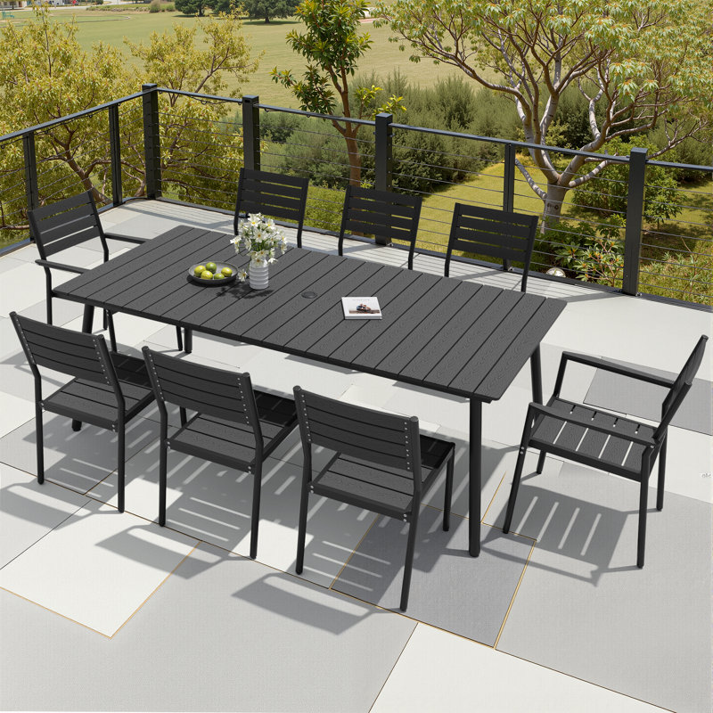 8 - Person Aluminum Patio Dining Set With Umbrella Hole And Armed And Armless Chairs, Black