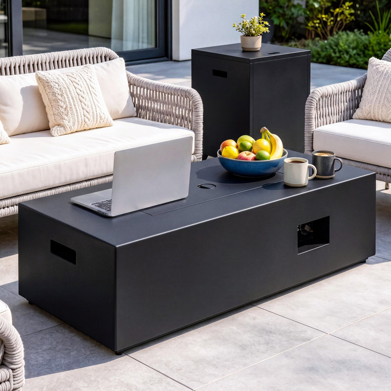 Table de foyer d'extérieur au propane de 44 po avec table d'appoint avec rangement pour réservoir, foyer extérieur de 50 000 BTU avec couvercle, pierres de lave et housse de pluie