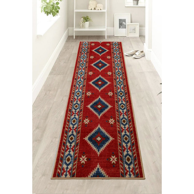 Custom Size Canvas Backing Premium Hotel Quality Southwestern Tribal Terra Cotta and Red Runner Rug, Runner 2'2" x 41'
