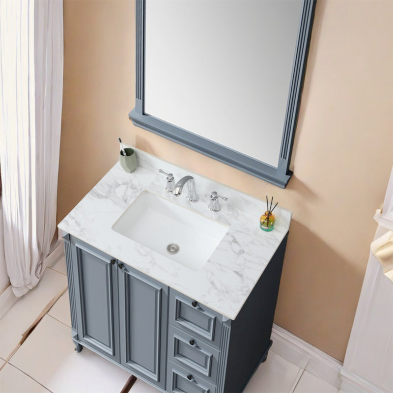 37"X22"Bathroom Vanity Top,Sintered Stone Carra Barthroom Vanity Sink Tops With Rectangular Undermount Ceramic Sink With Vanity Backsplash, Single Faucet Hole Bathroom Vanity Countertop