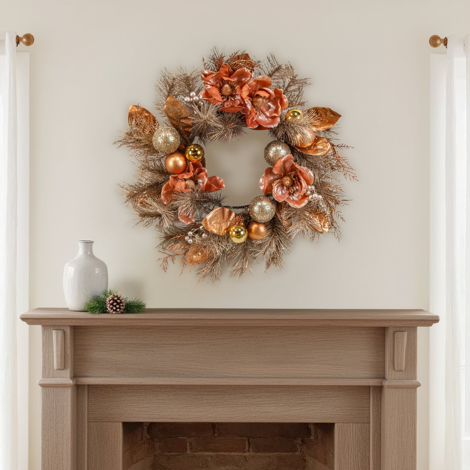24 In. Champange Gold And Rose Gold Mangolia Wreath