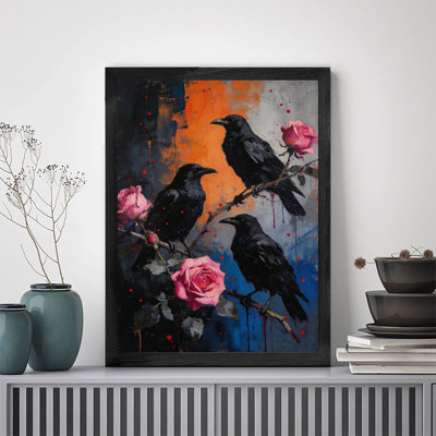 Reproduction d'art encadré noir et noir rétro Raven and Roses