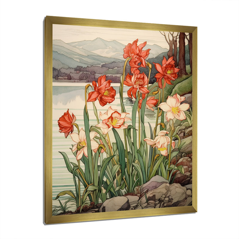 Tulipes rouges en fleurs - Illustration rétro I - impression, H 20 po x l 12 po x P 1 po, Cadre photo doré simple