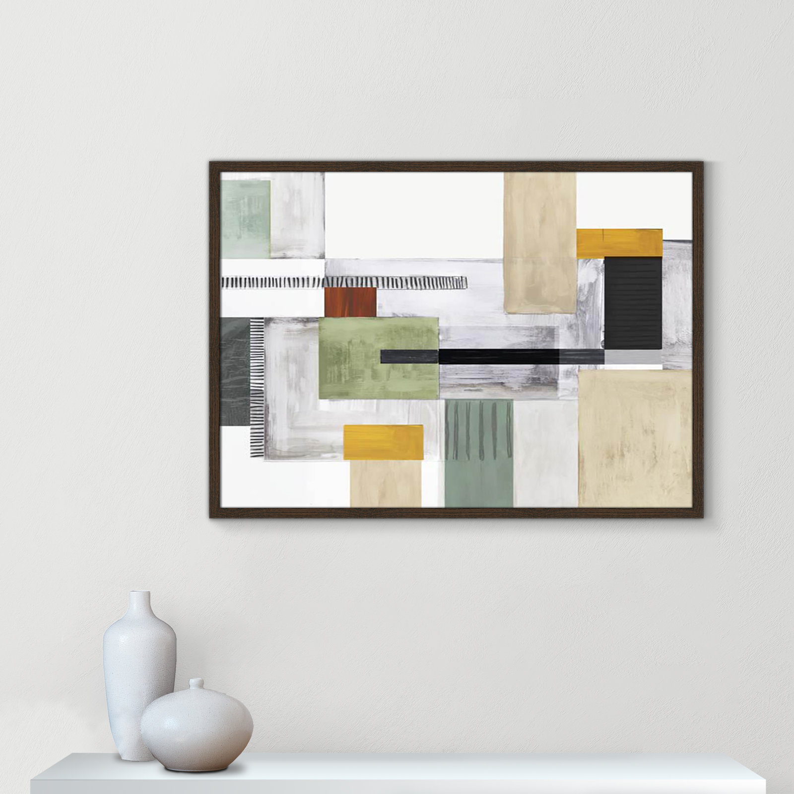 Playful Blocks Print by Tom Reeves, No Mat, Walnut Slim Picture Framed, 25.5" H x 35.5" W x 0.75" D