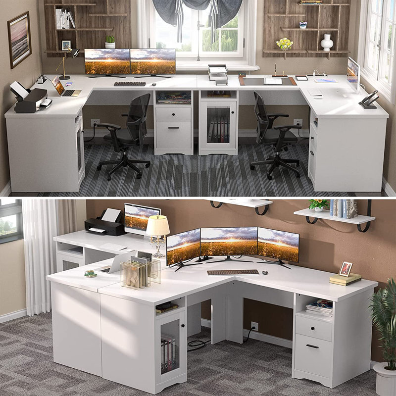 Detcho 60'' L Shaped Executive Desk with Drawers and Power Outlets, White