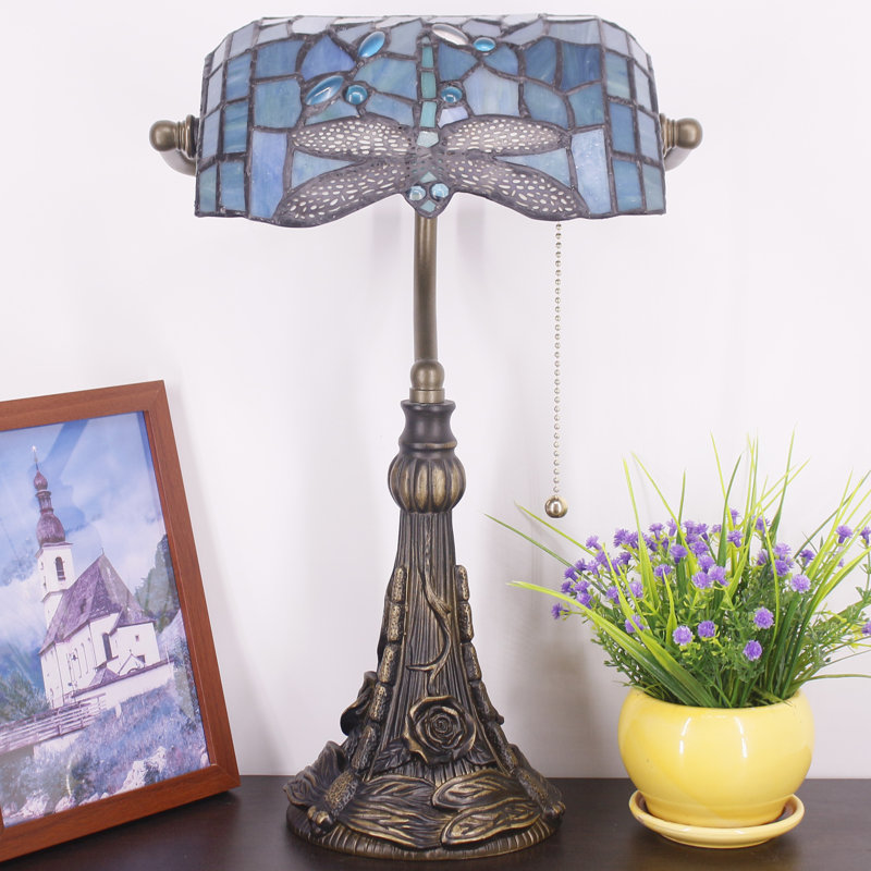 Tiffany Banker Lamp Small Stained Glass Table Lamp Tiffany Style Piano Light Sea Blue Dragonfly Style Desk Lamp Angle Adjustable 10.6X15.7 Inch for Home Office Living Room Bedroom