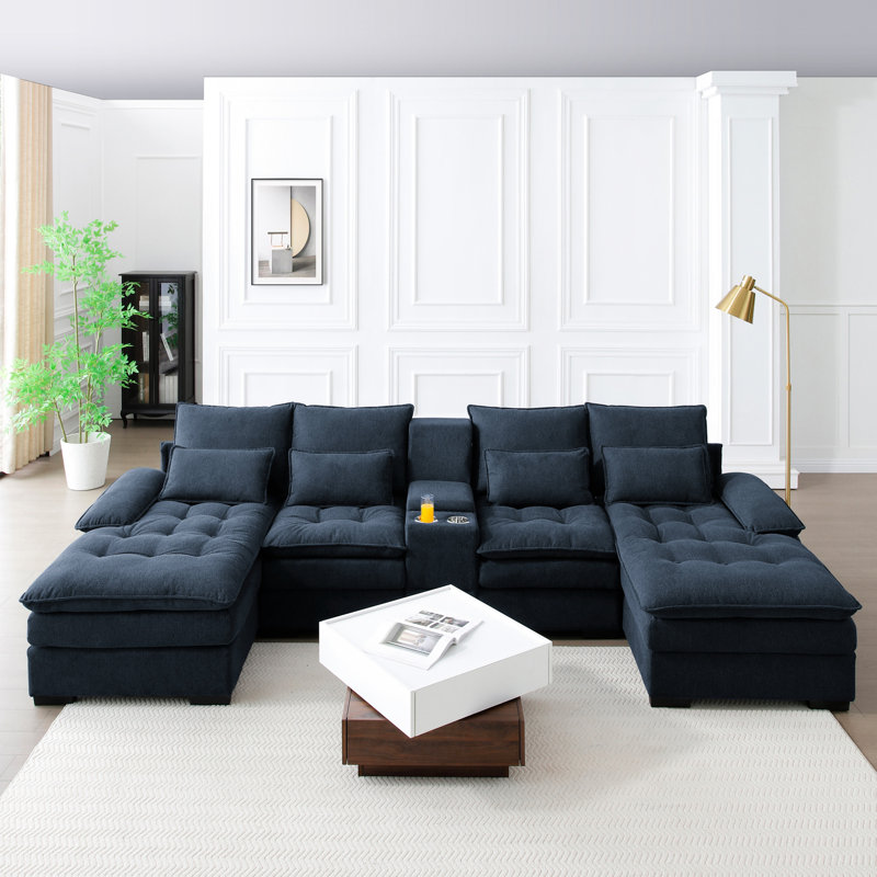 130" U - Shaped With Console And Cupholders, 6 Seat Blue Linen Upholstered Furniture For Primary Living Space, Double Layer Cushioning, Comfort Promoting Design Apartment, Soft Long Lasting