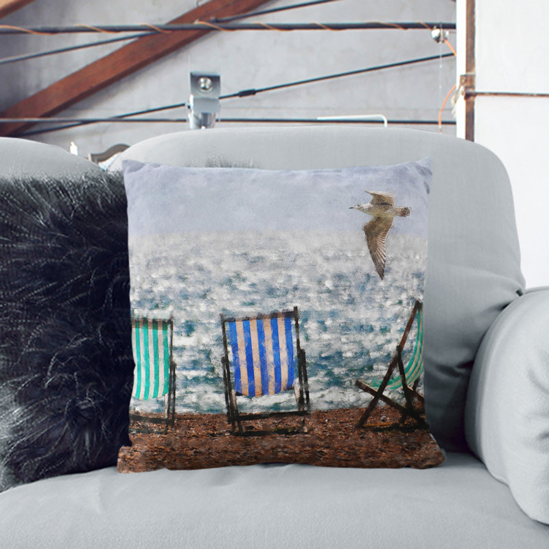 Seagull over Brighton Beach Deckchairs Scatter Cushion, Black, 40cm H x 40cm W x 15cm D