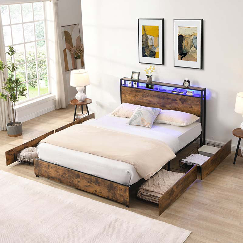 Storage Bed with Charging Station, Black Brown, Full / Double