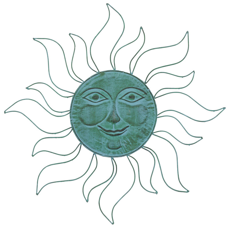 Metal Indoor Outdoor Sun Teal Wall Decor with Wire Frame, Turquoise