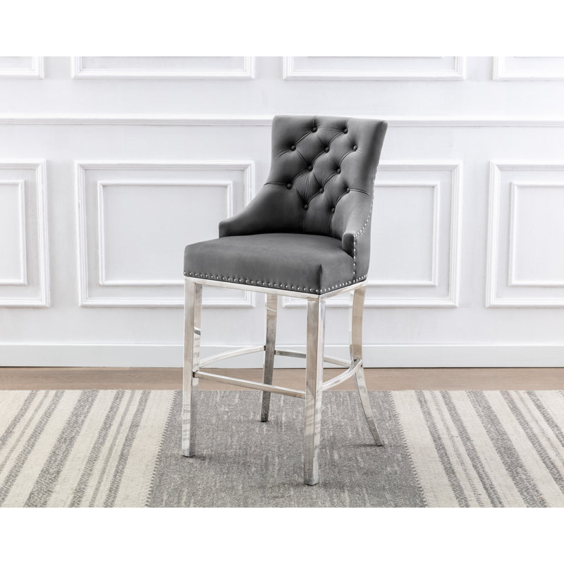 Kairin Upholstered Counter Stool, Barstool (45" Seat Height), Dark Gray Velvet / Silver