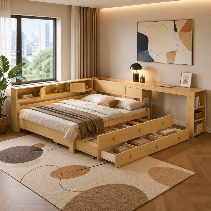 Lit de jour avec couchette, structure de lit de jour en bois avec tiroirs de rangement, tablettes latérales et bureau
