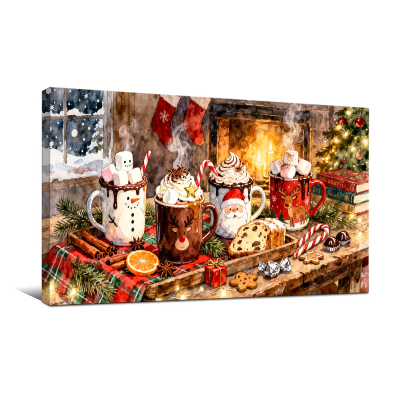 Scène de chocolat chaud de Noël avec foyer et décorations de Noël, H 16 po x l 32 po