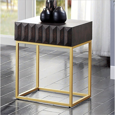 Table d'appoint de style contemporain avec structure en métal et tiroirs de dissimulation avec pieds en acier doré et glissières à roulement à billes à finition dorée et panneau de texture - non inclus