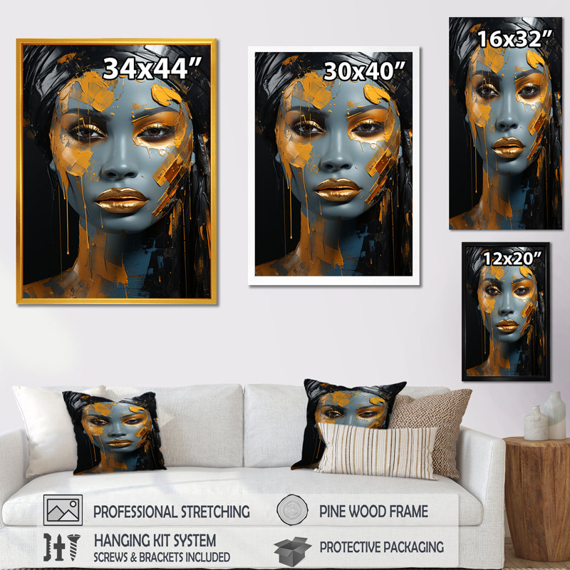 Art africain sur toile doré et bleu - mode femme, Cadre simple noir, H 40 po x l 30 po x P 1,5 po