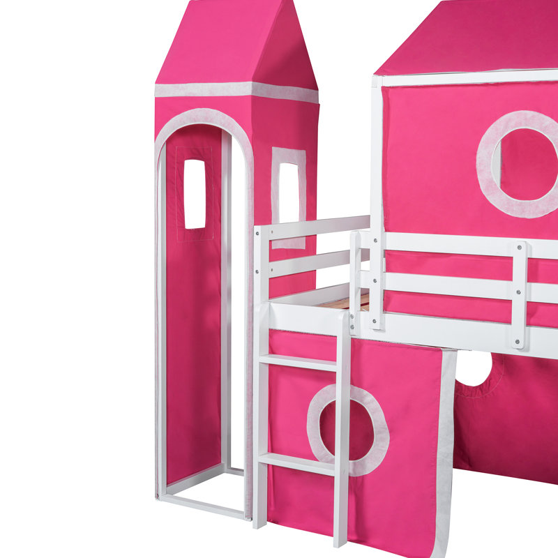 Lit simple mezzanine rose avec toboggan, tente et tour - Bois massif, conception de maisonnette, tour de couloir sous circulation d'air, tente à l'intérieur, construction, conception de fenêtre pour le plaisir