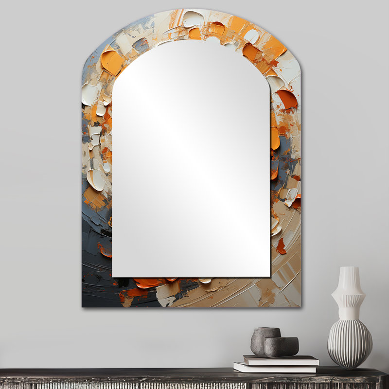 Collage en spirale abstrait orange et blanc - miroir en arc abstrait Collages, miroir mural asymétrique orange unique, impression sur métal