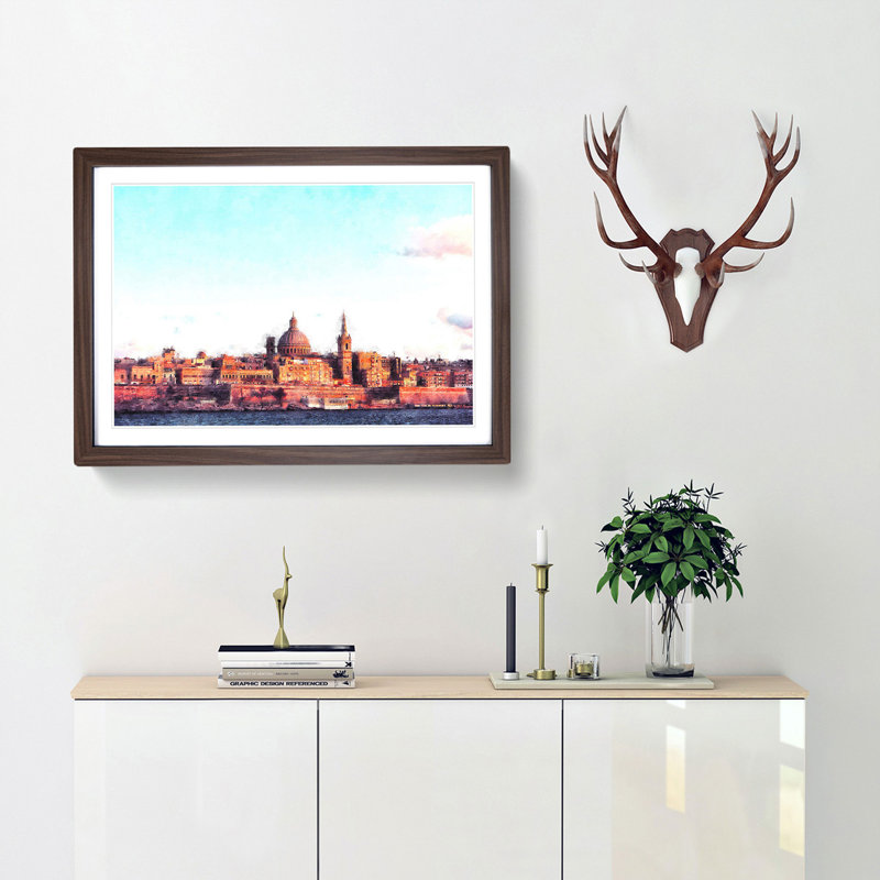 View of Valletta in Malta - Picture Frame Painting Print, Walnut Framed, 45cm H x 63cm W x 2cm D