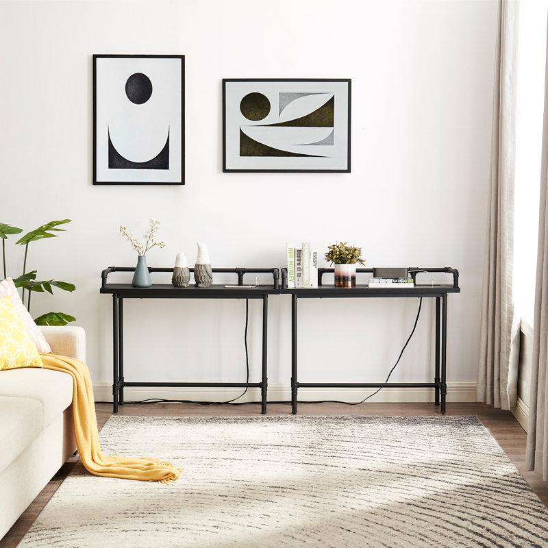 Table de console d'entrée moderne avec prises électriques et ports USB, table de canapé étroite avec structure en métal et plateau en bois d'ingénierie
