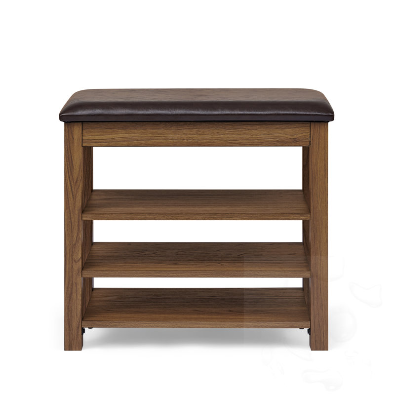 Wooden Frame Shoe-Changing Bench With PU Leather Seat And Open Shelves