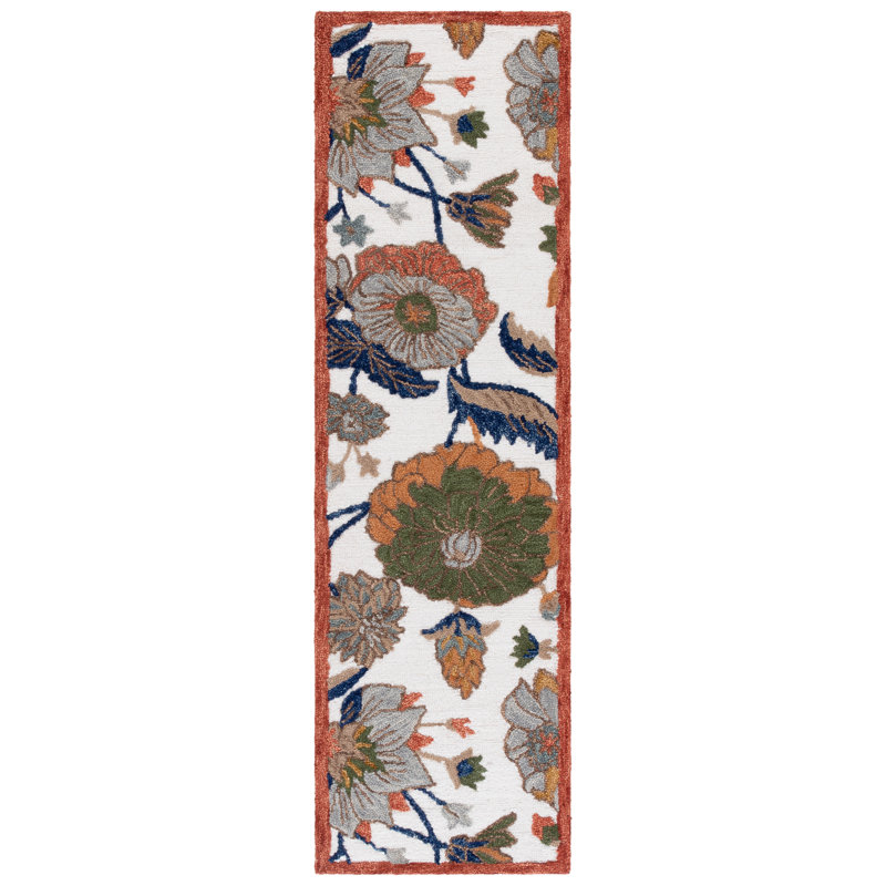 Tapis ivoire / vert en laine / coton touffeté à la main Schwenksville 759, Tapis de couloir 2 pi 3 po x 8 pi