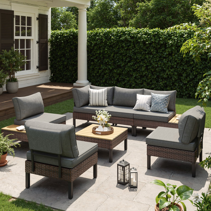 L-Shaped Rattan Outdoor Patio Sofa Set, Gray, 6