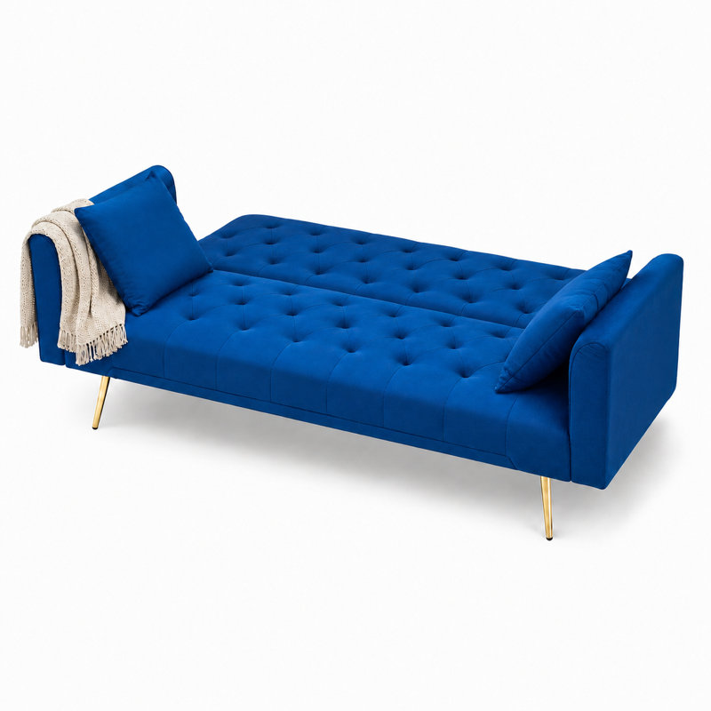 Canapé moderne en velours capitonné avec pieds dorés, Bleu