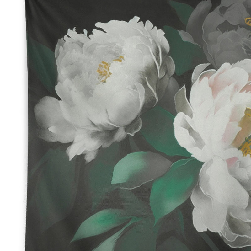 Polyester blanc pivoine fleurie sur fond noir I, H 32 po x l 39 po