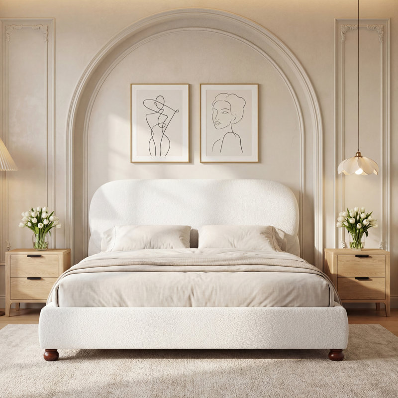 Lit tapissier crème avec pied en bois d'hévéa crème, Grand lit