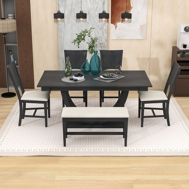 Raheema Modern 6-Piece Dining Set with Rubberwood Table, Upholstered Chairs and Bench, Gray, Gray/Beige, Gray
