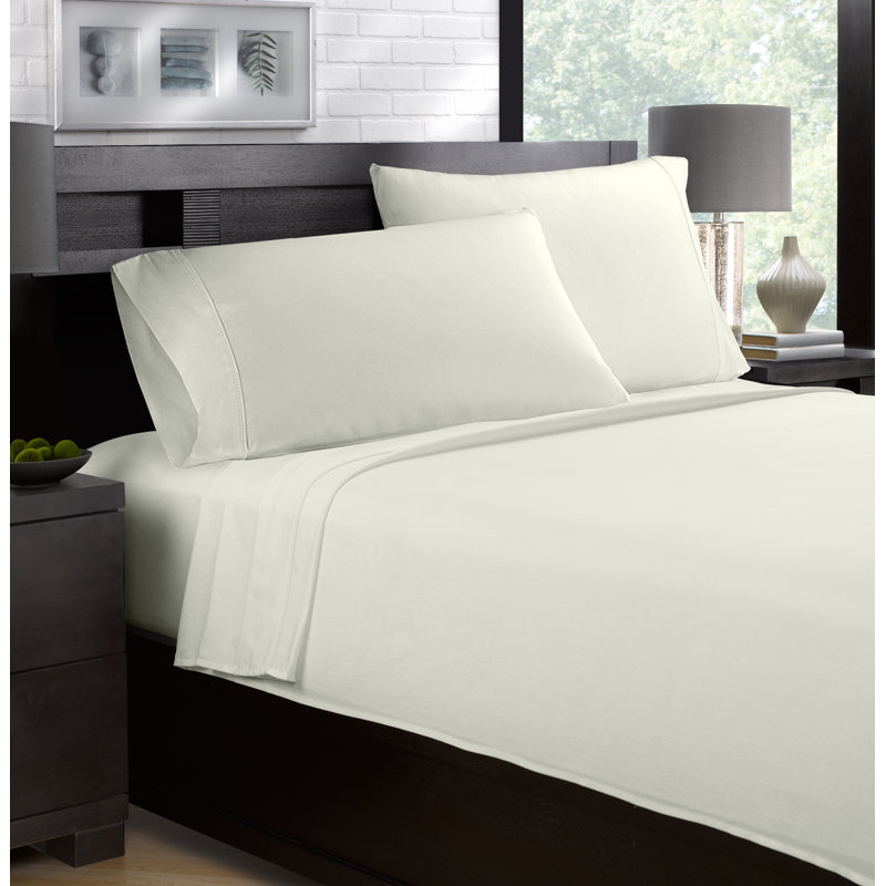  Ensemble de draps 500 fils en satin de coton 500 fils (4 pièces), Crème, Lit double